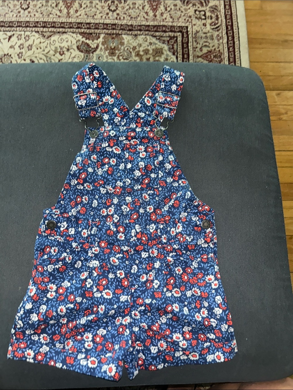 OshKosh B'gosh Navy Blue Floral Shortalls with Red & White Flowers